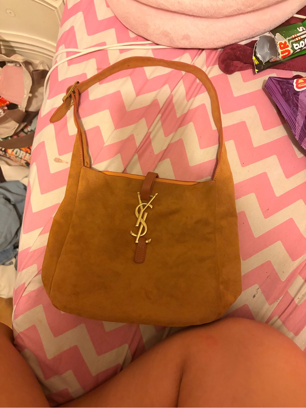 Yves Saint Laurent Mustard Suede Shoulder Bag with Gold Hardware
